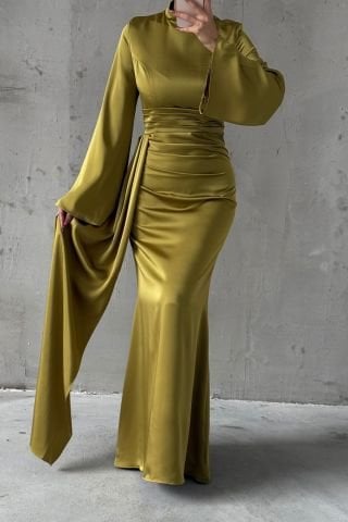Satin Modest Evening Dress with Tail Detail Mustard
