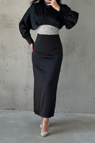 Modern Design Buttoned Satin Hijab Evening Dress Black