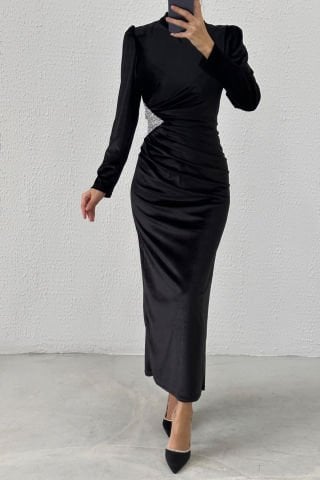 Beli Payet Detaylı Kadife Tesettür Abiye Siyah