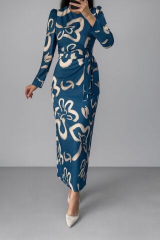 Desen Detaylı Saten Tesettür Elbise İndigo