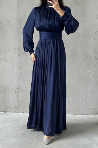 Elegant Pleated Organza Hijab Evening Dress Navy Blue