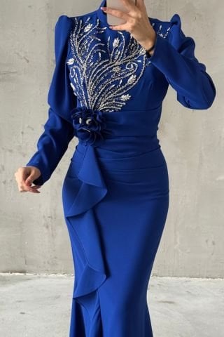 Taş İşlemeli Gül Broş Detaylı Krep Tesettür Abiye Saks Mavisi