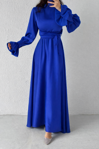 Satin Hijab Evening Dress with Ruffled Sleeve Detail, Royal Blue