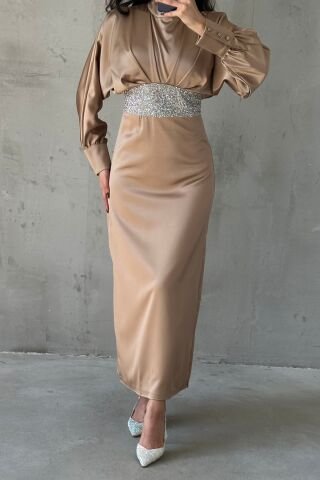 Modern Design Buttoned Satin Hijab Evening Dress Copper