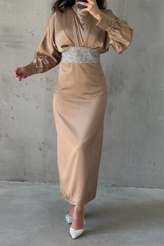 Modern Design Buttoned Satin Hijab Evening Dress Copper