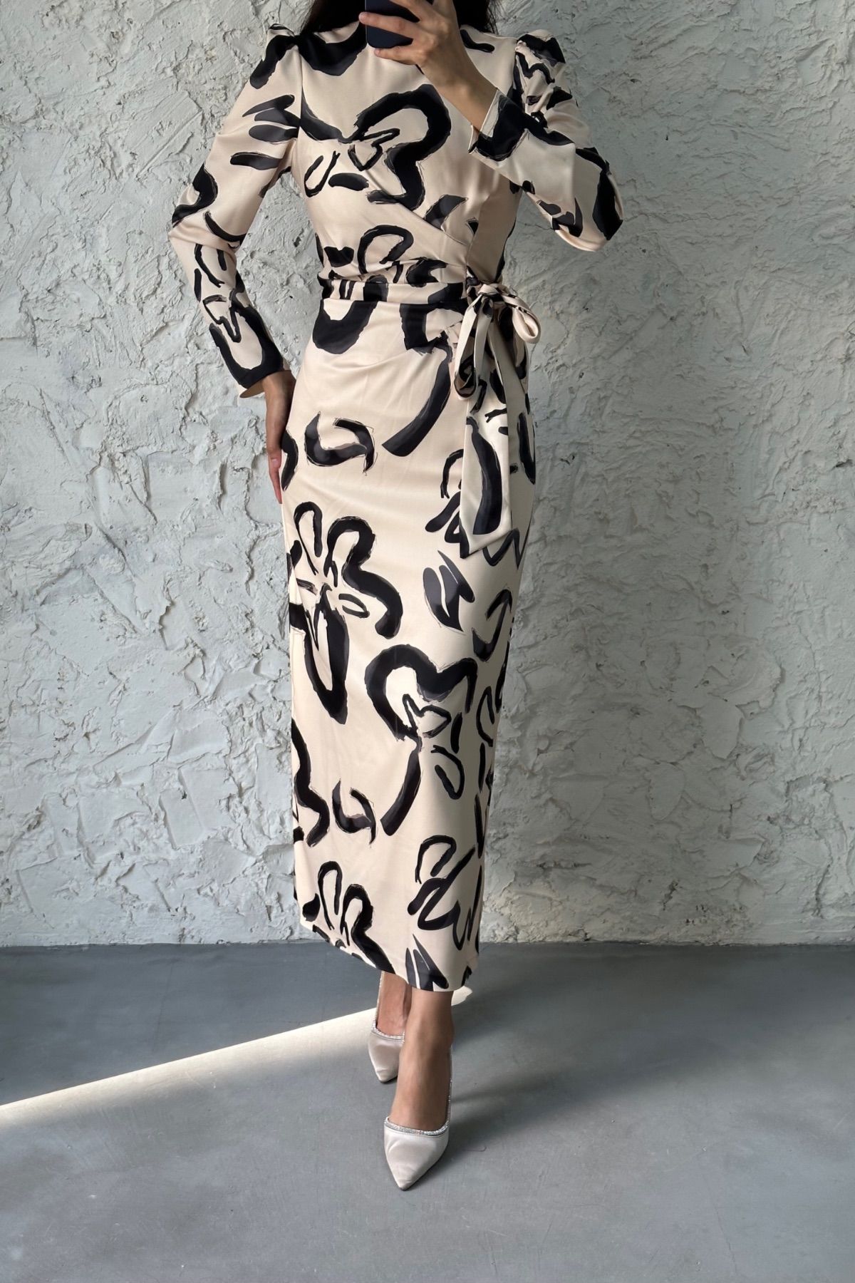 Pattern Detailed Satin Hijab Dress Stone