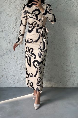 Pattern Detailed Satin Hijab Dress Stone