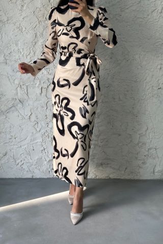 Pattern Detailed Satin Hijab Dress Stone