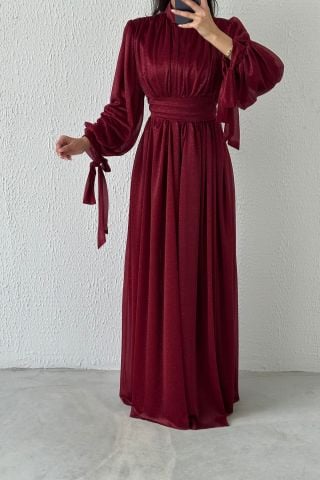 Koldan Detaylı Simli Tesettür Abiye Bordo