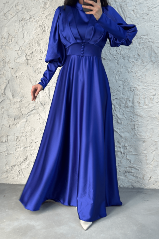 Önü Düğmeli Saten Tesettür Abiye Saks Mavisi