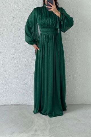 Koldan Detaylı Simli Tesettür Abiye Yeşil