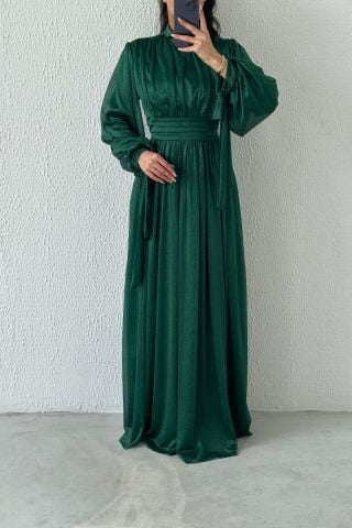 Silvery Hijab Evening Dress with Sleeve Detail Green
