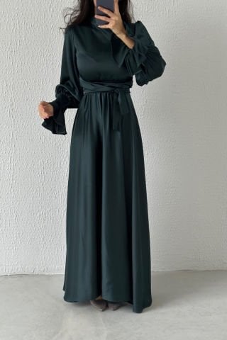 Satin Hijab Evening Dress with Flounce Sleeve Detail Dark Green