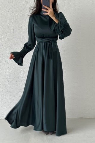 Satin Hijab Evening Dress with Flounce Sleeve Detail Dark Green