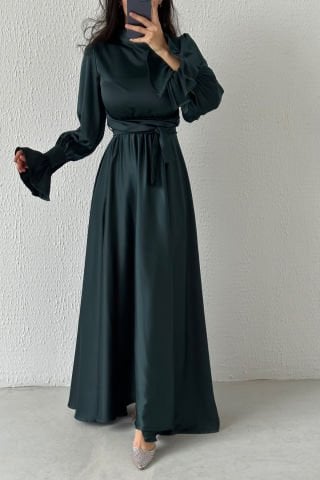 Satin Hijab Evening Dress with Flounce Sleeve Detail Dark Green