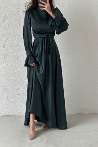 Satin Hijab Evening Dress with Flounce Sleeve Detail Dark Green