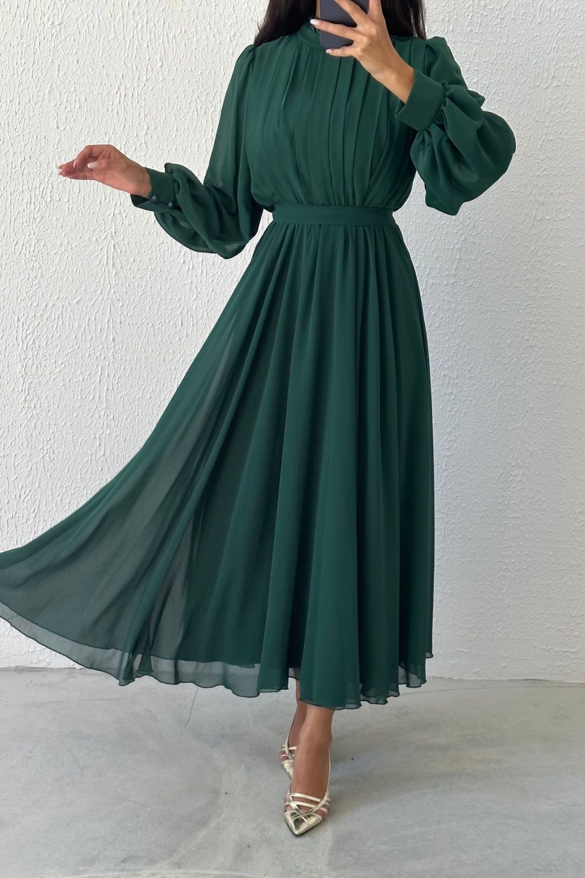 Eşsiz Tasarım Şifon Tesettür Abiye Yeşil