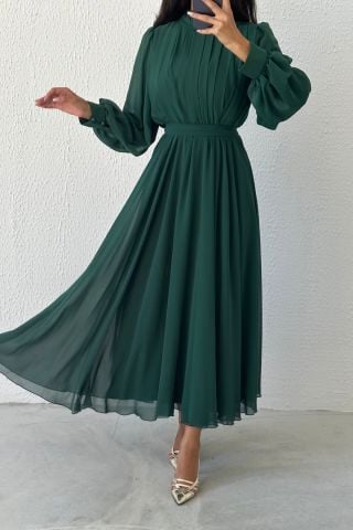 Eşsiz Tasarım Şifon Tesettür Abiye Yeşil