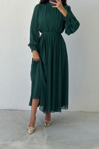 Eşsiz Tasarım Şifon Tesettür Abiye Yeşil