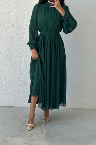 Eşsiz Tasarım Şifon Tesettür Abiye Yeşil