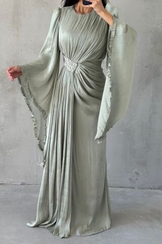 Janjan Hijab Evening Dress with Sparkling Sleeve Detail, Aqua Green