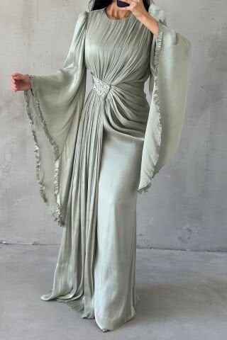 Işıltılı Kol Detaylı Janjan Tesettür Abiye Su Yeşili