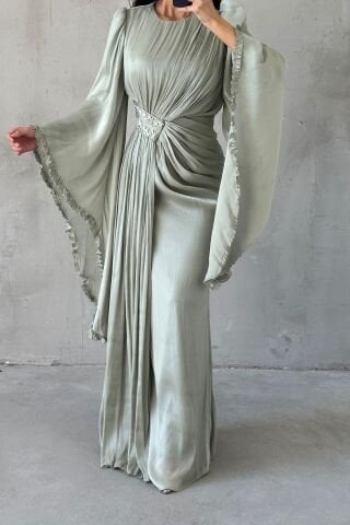 Işıltılı Kol Detaylı Janjan Tesettür Abiye Su Yeşili