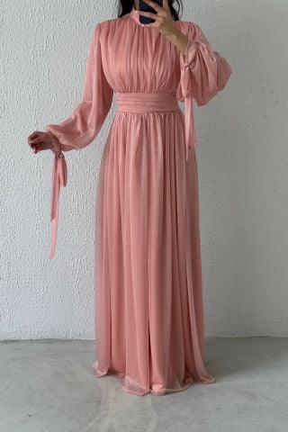 Silvery Hijab Evening Dress Powder with Sleeve Detail