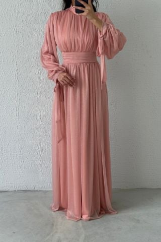Silvery Hijab Evening Dress Powder with Sleeve Detail