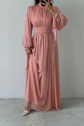 Silvery Hijab Evening Dress Powder with Sleeve Detail