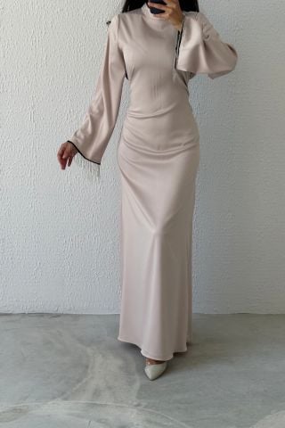 Satin Pearl: Flounce Sleeve Chain Detailed Hijab Evening Dress Stone