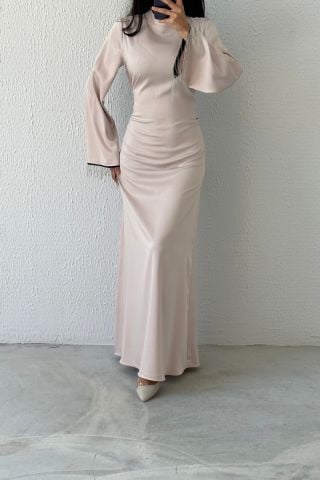 Satin Pearl: Flounce Sleeve Chain Detailed Hijab Evening Dress Stone
