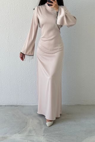 Satin Pearl: Flounce Sleeve Chain Detailed Hijab Evening Dress Stone
