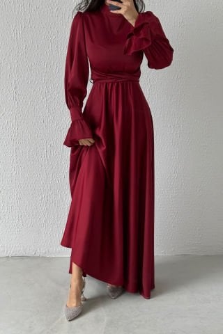 Flounce Sleeve Detailed Satin Hijab Evening Dress Claret Red