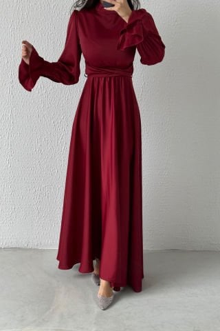 Volan Kol Detaylı Saten Tesettür Abiye Bordo