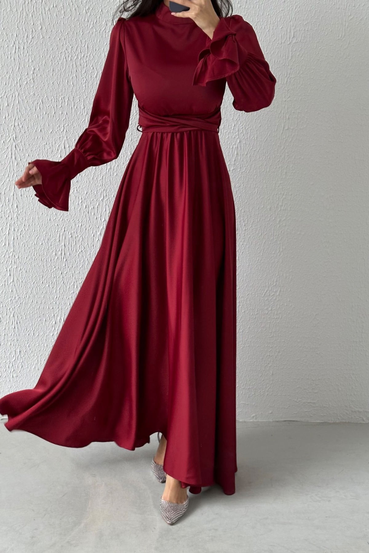 Flounce Sleeve Detailed Satin Hijab Evening Dress Claret Red