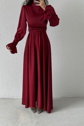 Volan Kol Detaylı Saten Tesettür Abiye Bordo