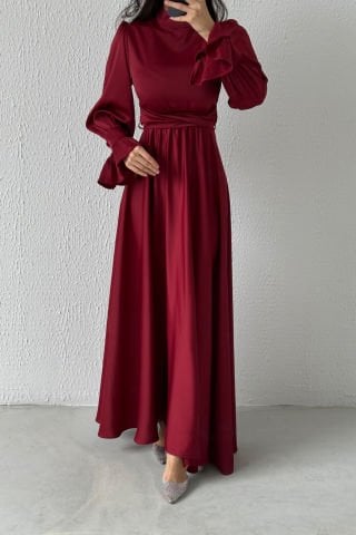 Flounce Sleeve Detailed Satin Hijab Evening Dress Claret Red