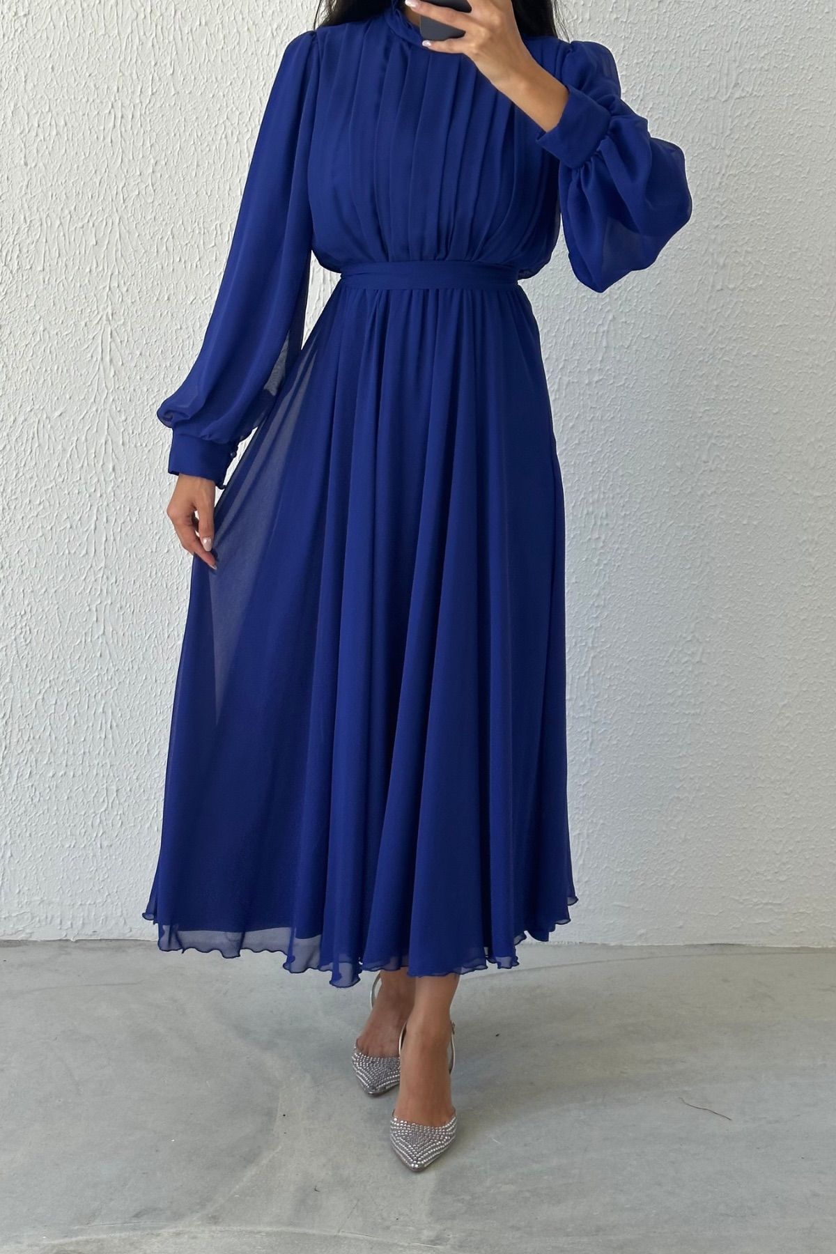 Eşsiz Tasarım Şifon Tesettür Abiye Saks Mavisi