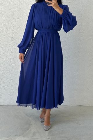 Eşsiz Tasarım Şifon Tesettür Abiye Saks Mavisi