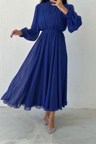 Eşsiz Tasarım Şifon Tesettür Abiye Saks Mavisi