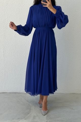 Eşsiz Tasarım Şifon Tesettür Abiye Saks Mavisi