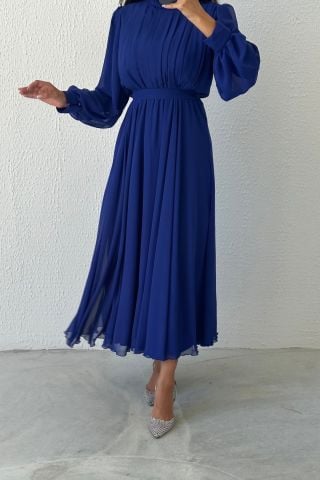 Eşsiz Tasarım Şifon Tesettür Abiye Saks Mavisi