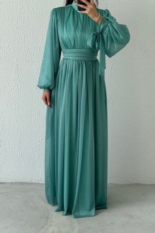 Glittered Hijab Evening Dress Turquoise with Sleeve Detail