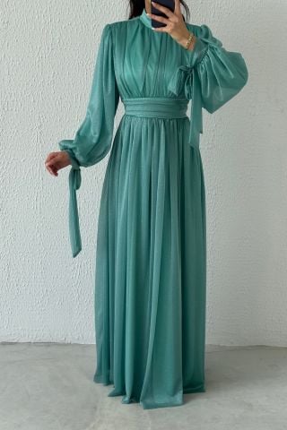 Koldan Detaylı Simli Tesettür Abiye Turkuaz