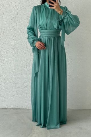 Koldan Detaylı Simli Tesettür Abiye Turkuaz