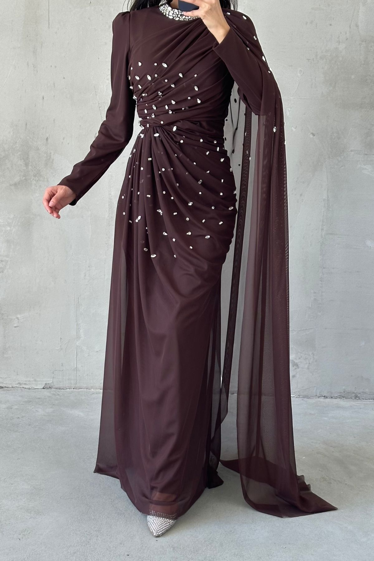 Stone Embellished Stylish Tasarom Tulle Hijab Evening Dress Bitter Coffee