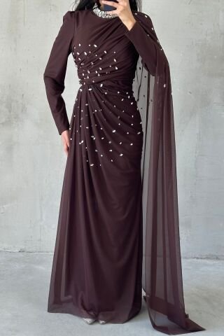 Stone Embellished Stylish Tasarom Tulle Hijab Evening Dress Bitter Coffee