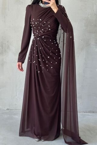 Stone Embellished Stylish Tasarom Tulle Hijab Evening Dress Bitter Coffee