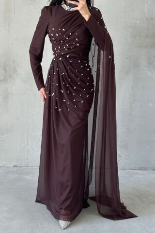 Stone Embellished Stylish Tasarom Tulle Hijab Evening Dress Bitter Coffee